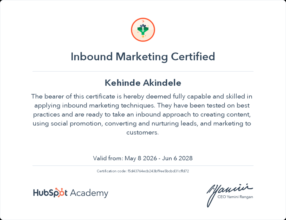 HubSpot Academy — Inbound Marketing Certified certificate awarded to Kehinde Akindele